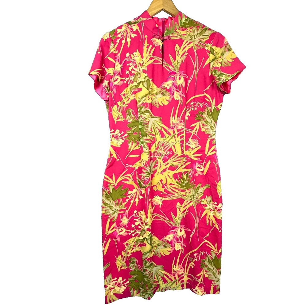 Vintage David Warren New York Dress Women 12 Pink Tropical Cheongsam Cocktail